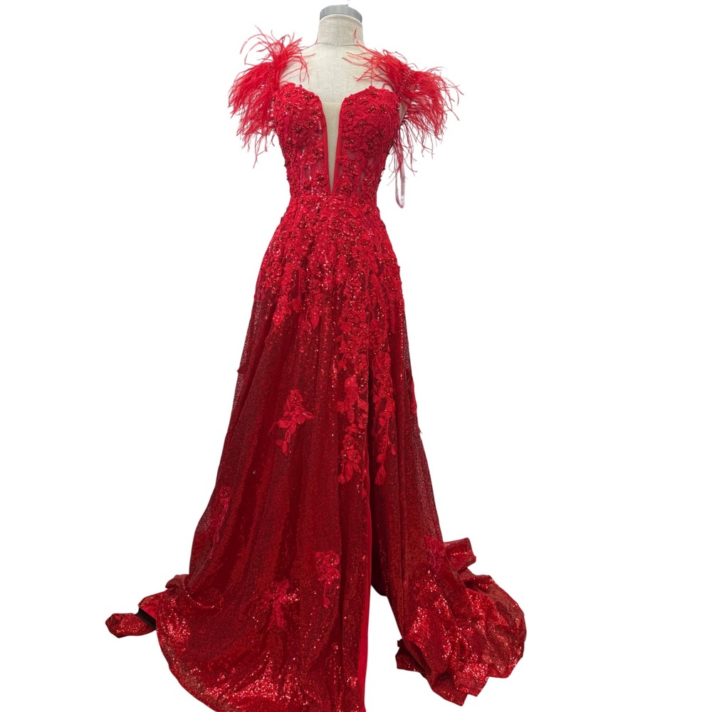 Sophia Thomas Red Sequin Feather Prom Gown Womens 4 Excellent Lace Up Formal‎ D1